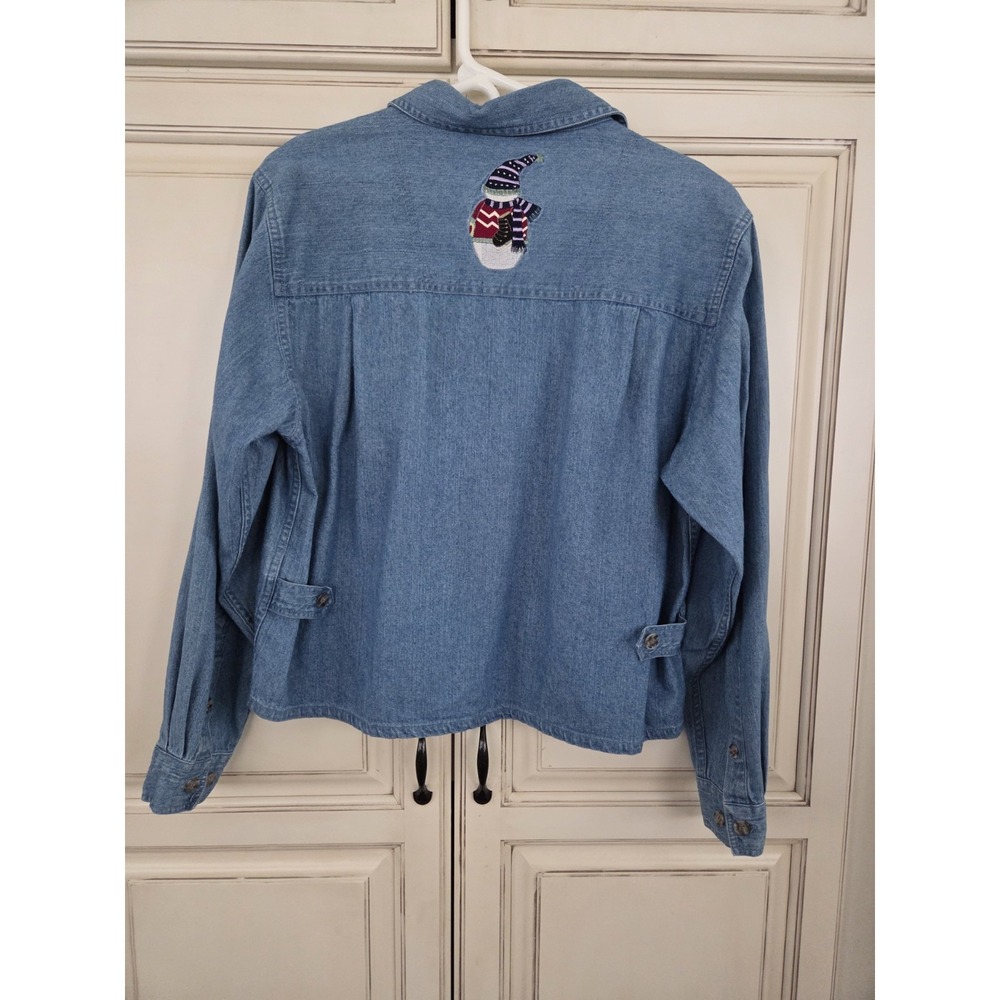 Vtg Christopher & Banks Chambray Snowman Button Up Top Women's Large Frosty Xmas - Picture 2 of 13